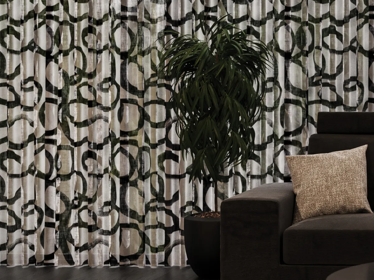 Maurice Kain Freestyle printed sheer in a living room