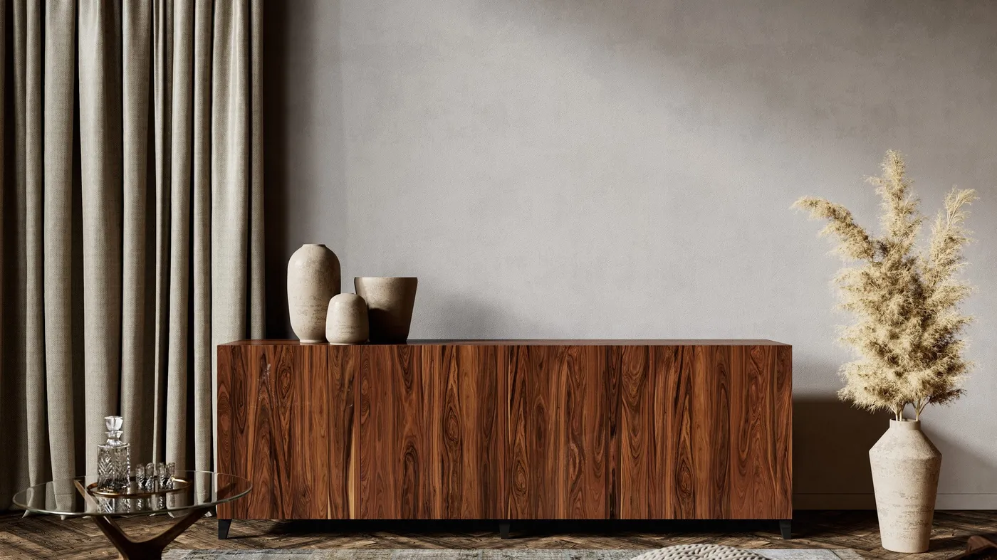 Rich curtain fabric beside a timber cabinet