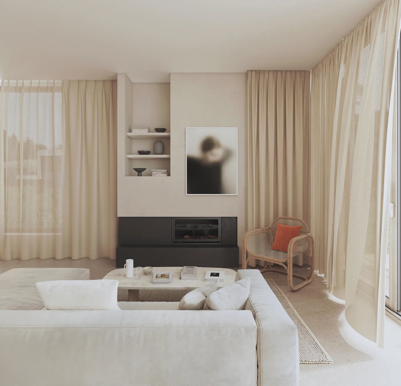 Zepel Alcova Chinchilla velvet-look curtain fabric in a neutral living room