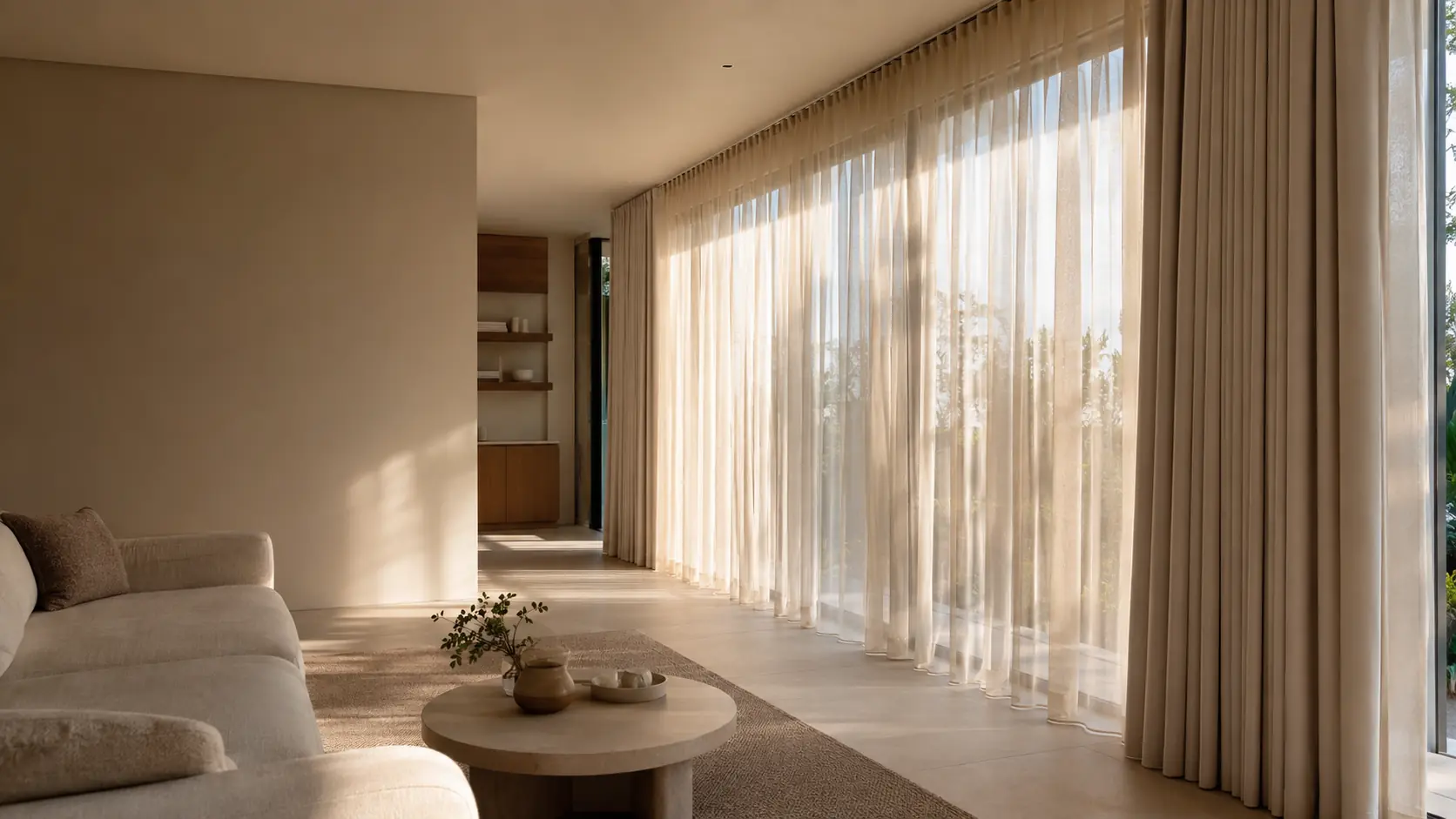 Contemporary living room with layered floor-to-ceiling sheer and blockout curtains