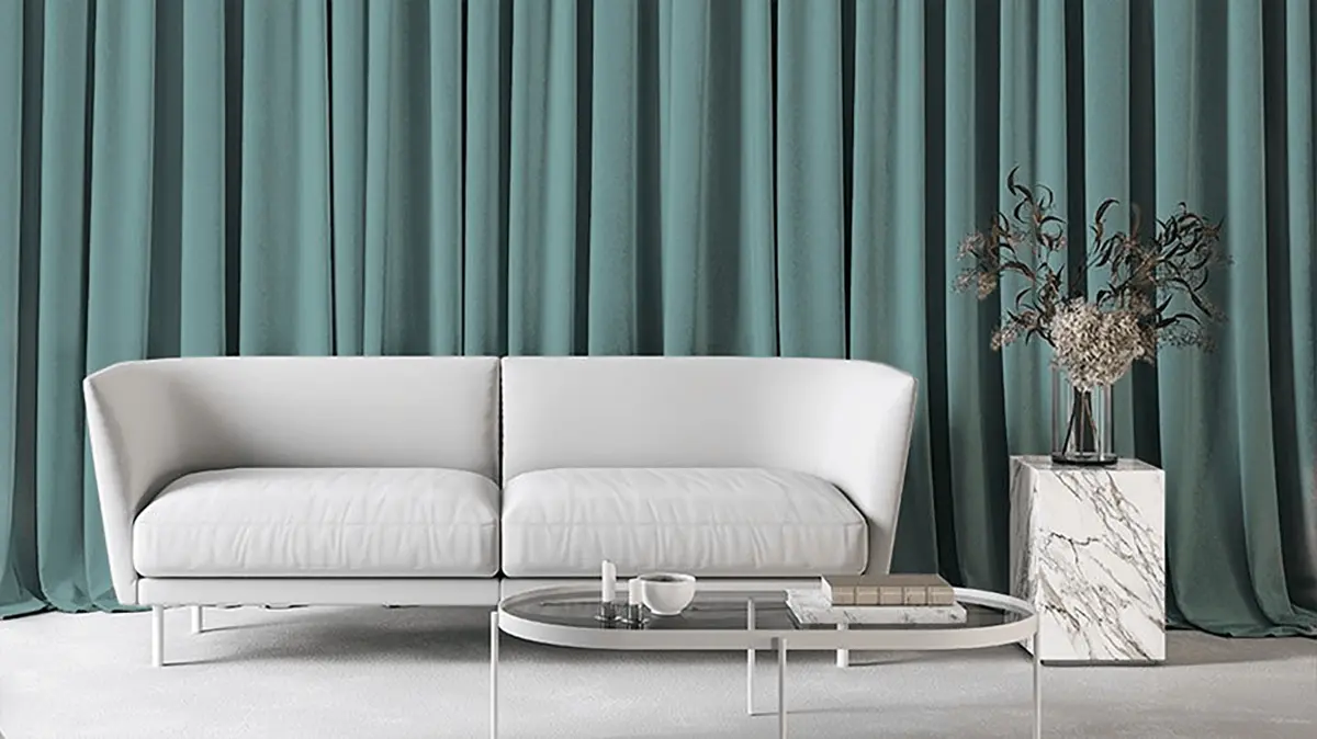 Rich full-height curtains creating a colourful living room backdrop